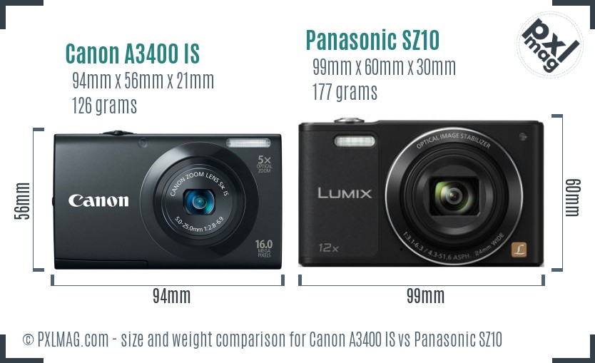 Canon A3400 IS vs Panasonic SZ10 size comparison
