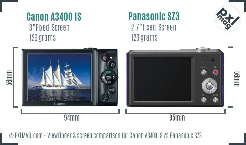 Canon A3400 IS vs Panasonic SZ3 Screen and Viewfinder comparison