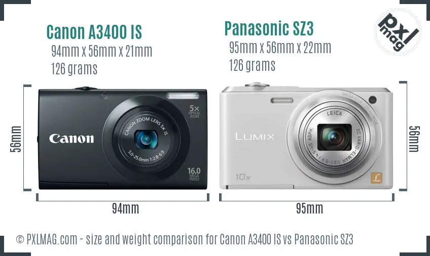 Canon A3400 IS vs Panasonic SZ3 size comparison