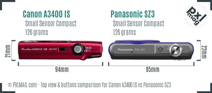 Canon A3400 IS vs Panasonic SZ3 top view buttons comparison