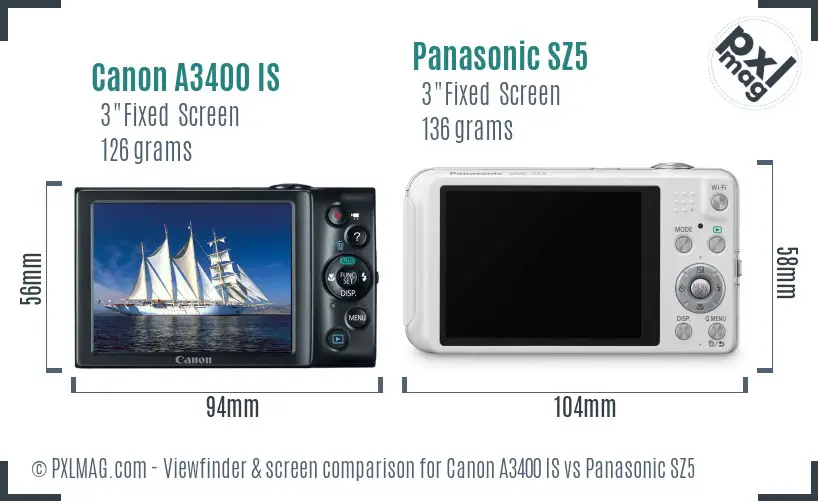 Canon A3400 IS vs Panasonic SZ5 Screen and Viewfinder comparison