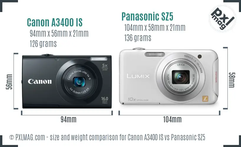 Canon A3400 IS vs Panasonic SZ5 size comparison