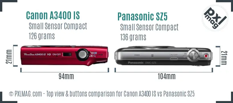 Canon A3400 IS vs Panasonic SZ5 top view buttons comparison