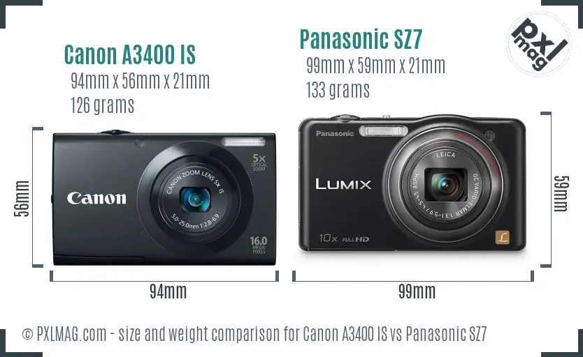 Canon A3400 IS vs Panasonic SZ7 size comparison Canon A3400 IS vs Panasonic SZ7 size comparison
