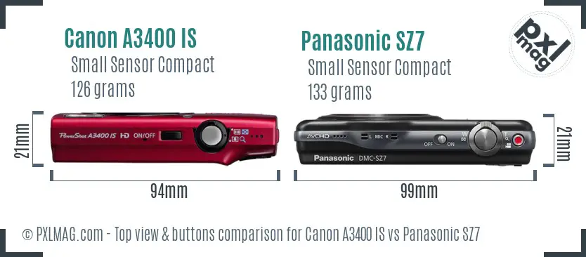 Canon A3400 IS vs Panasonic SZ7 top view buttons comparison Canon A3400 IS vs Panasonic SZ7 top view buttons comparison