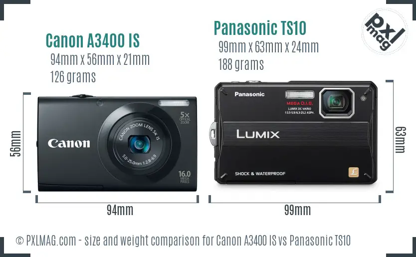 Canon A3400 IS vs Panasonic TS10 size comparison Canon A3400 IS vs Panasonic TS10 size comparison