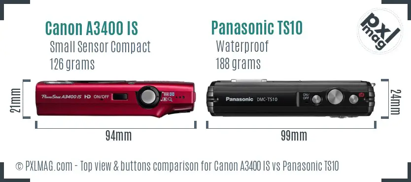 Canon A3400 IS vs Panasonic TS10 top view buttons comparison Canon A3400 IS vs Panasonic TS10 top view buttons comparison