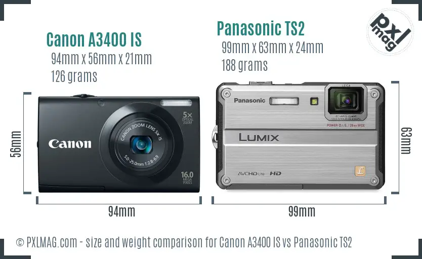 Canon A3400 IS vs Panasonic TS2 size comparison