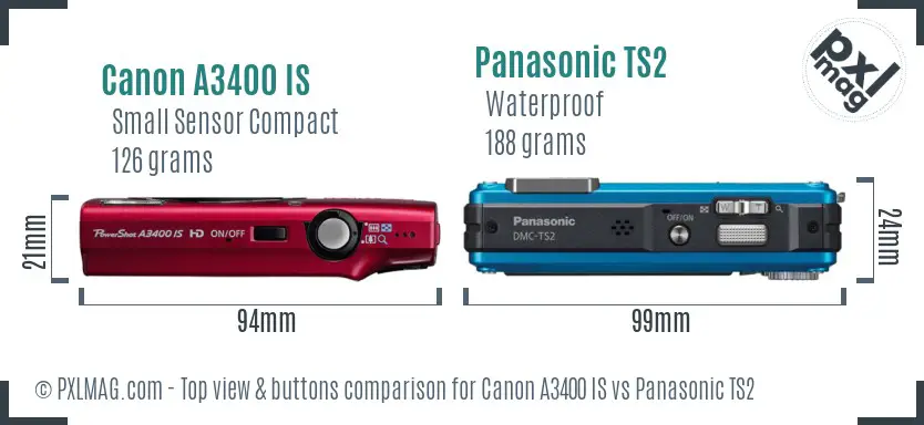 Canon A3400 IS vs Panasonic TS2 top view buttons comparison