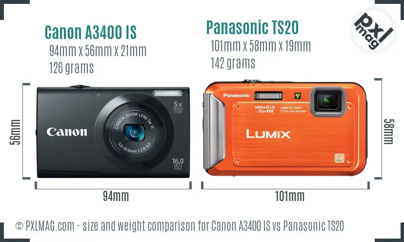 Canon A3400 IS vs Panasonic TS20 size comparison