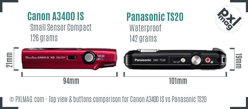 Canon A3400 IS vs Panasonic TS20 top view buttons comparison