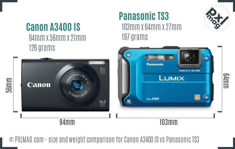 Canon A3400 IS vs Panasonic TS3 size comparison Canon A3400 IS vs Panasonic TS3 size comparison