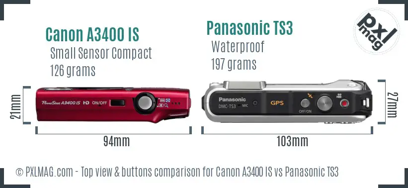 Canon A3400 IS vs Panasonic TS3 top view buttons comparison Canon A3400 IS vs Panasonic TS3 top view buttons comparison