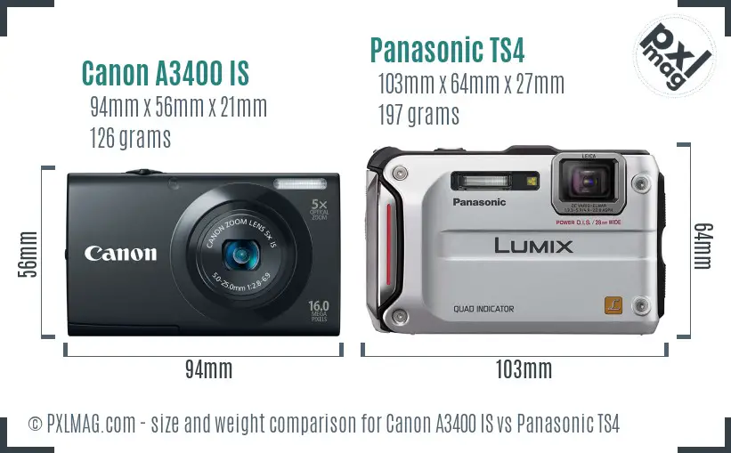Canon A3400 IS vs Panasonic TS4 size comparison Canon A3400 IS vs Panasonic TS4 size comparison