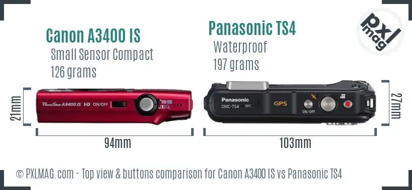 Canon A3400 IS vs Panasonic TS4 top view buttons comparison Canon A3400 IS vs Panasonic TS4 top view buttons comparison