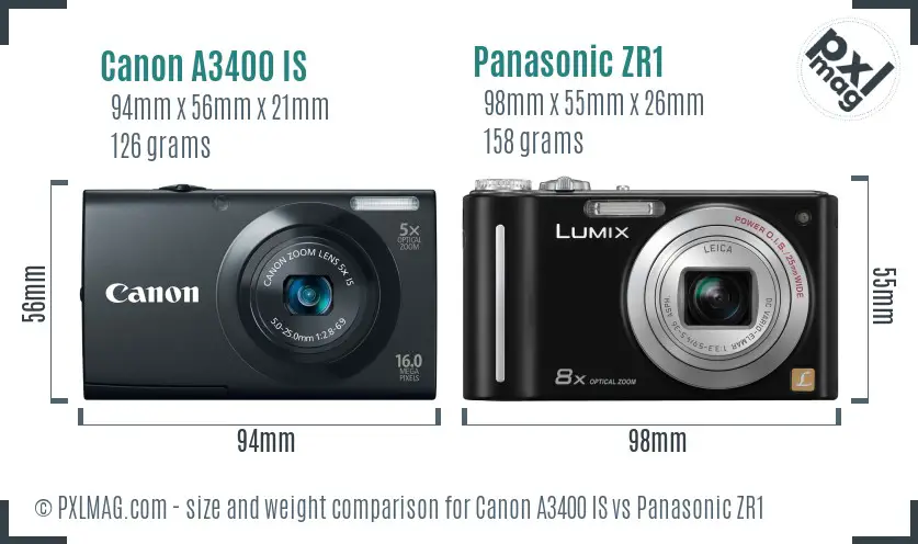 Canon A3400 IS vs Panasonic ZR1 size comparison