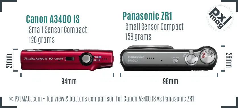 Canon A3400 IS vs Panasonic ZR1 top view buttons comparison