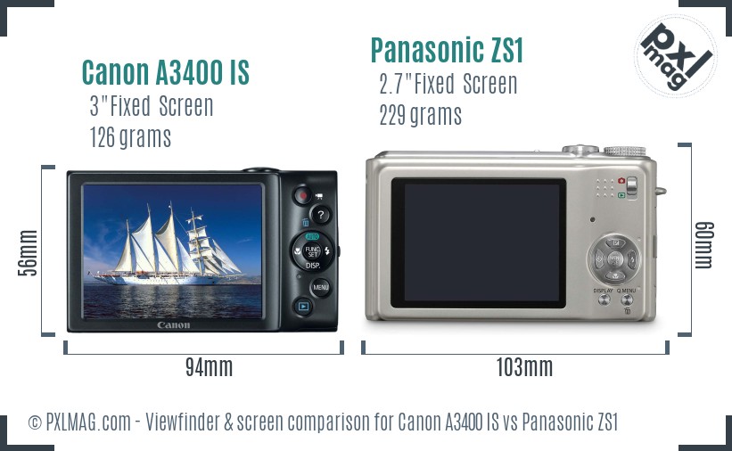 Canon A3400 IS vs Panasonic ZS1 Screen and Viewfinder comparison