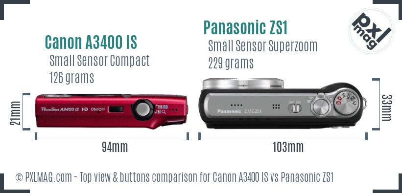 Canon A3400 IS vs Panasonic ZS1 top view buttons comparison
