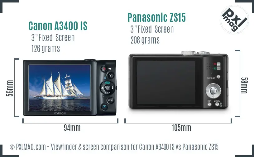 Canon A3400 IS vs Panasonic ZS15 Screen and Viewfinder comparison