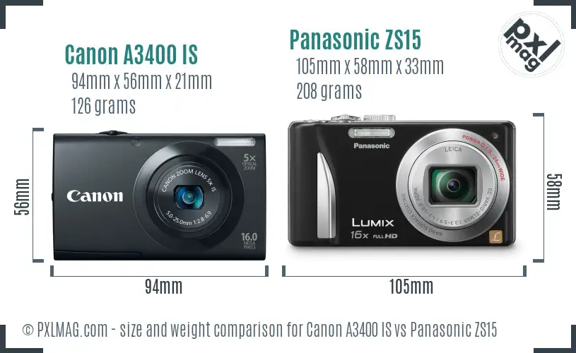 Canon A3400 IS vs Panasonic ZS15 size comparison