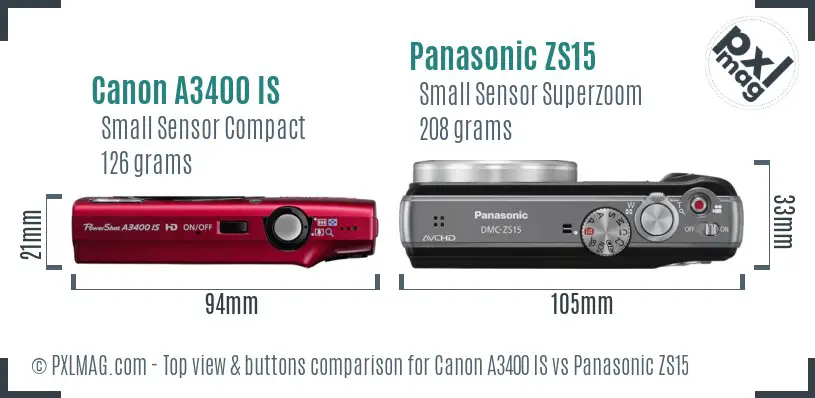 Canon A3400 IS vs Panasonic ZS15 top view buttons comparison