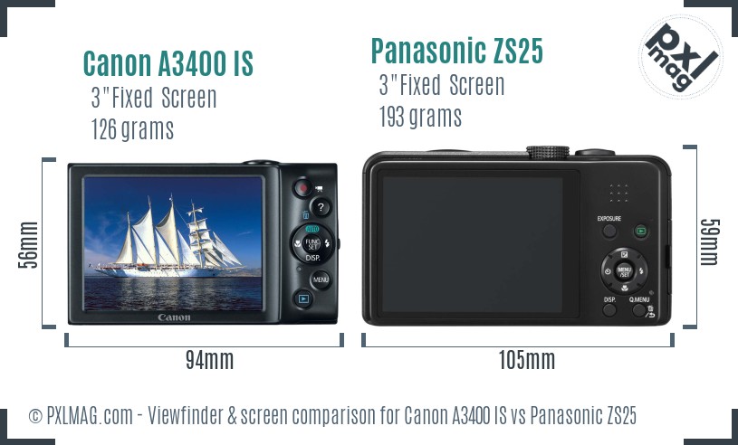 Canon A3400 IS vs Panasonic ZS25 Screen and Viewfinder comparison