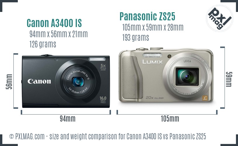 Canon A3400 IS vs Panasonic ZS25 size comparison