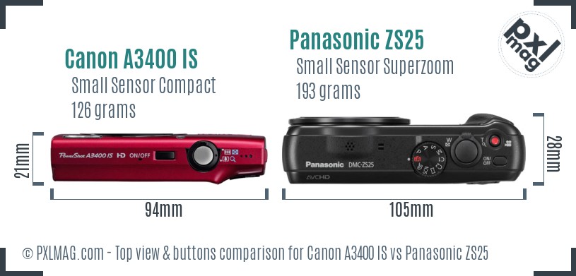 Canon A3400 IS vs Panasonic ZS25 top view buttons comparison
