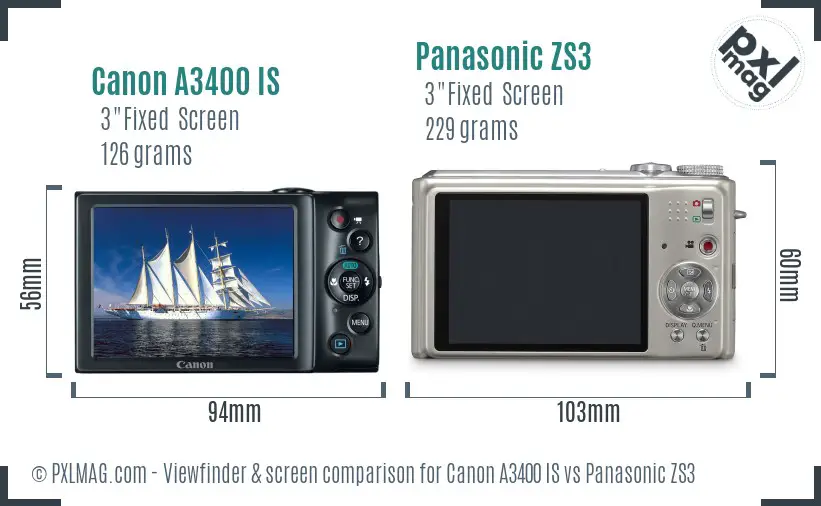 Canon A3400 IS vs Panasonic ZS3 Screen and Viewfinder comparison