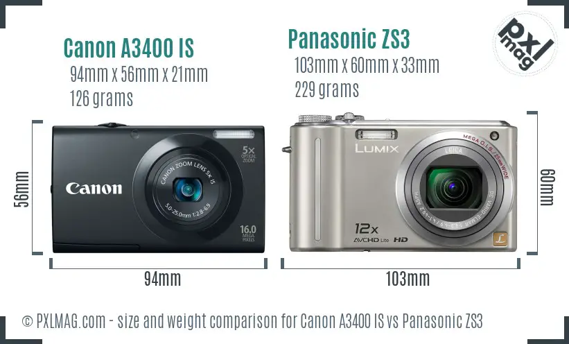 Canon A3400 IS vs Panasonic ZS3 size comparison
