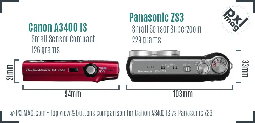Canon A3400 IS vs Panasonic ZS3 top view buttons comparison