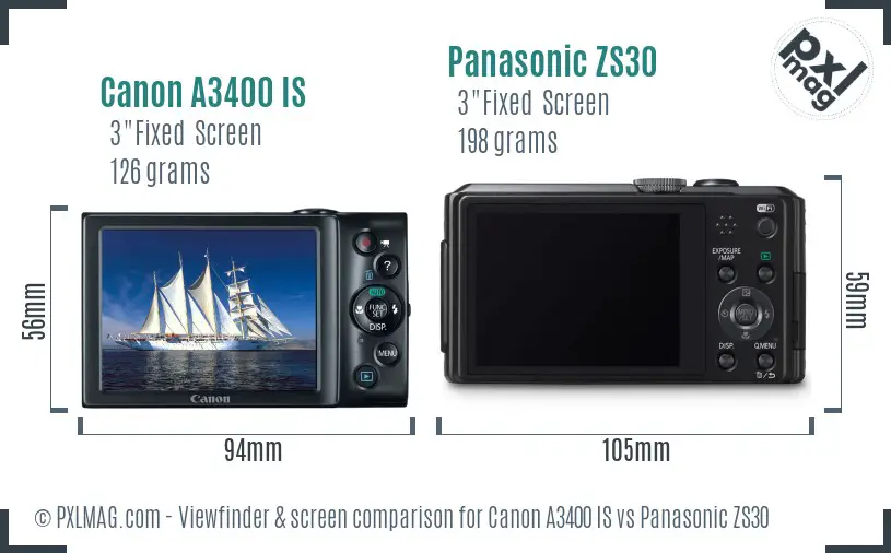 Canon A3400 IS vs Panasonic ZS30 Screen and Viewfinder comparison