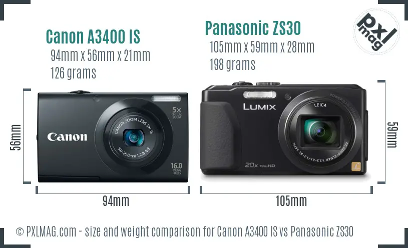 Canon A3400 IS vs Panasonic ZS30 size comparison
