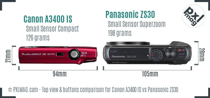 Canon A3400 IS vs Panasonic ZS30 top view buttons comparison