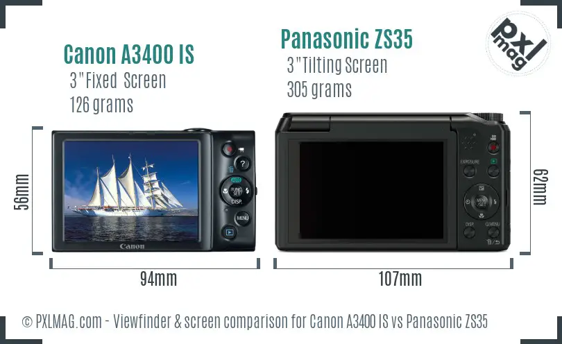 Canon A3400 IS vs Panasonic ZS35 Screen and Viewfinder comparison