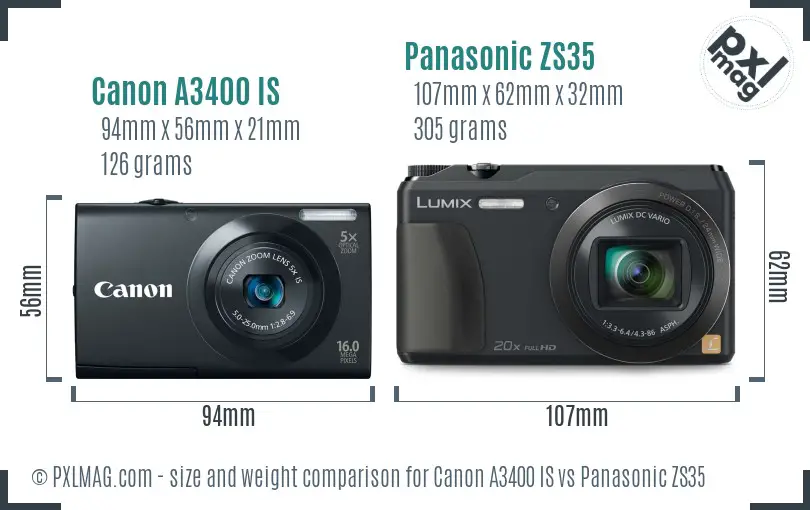 Canon A3400 IS vs Panasonic ZS35 size comparison