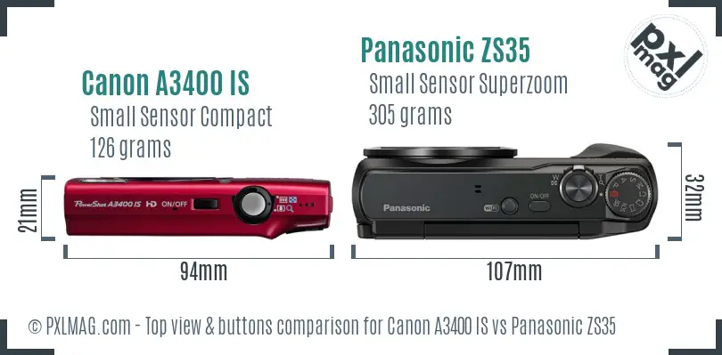 Canon A3400 IS vs Panasonic ZS35 top view buttons comparison