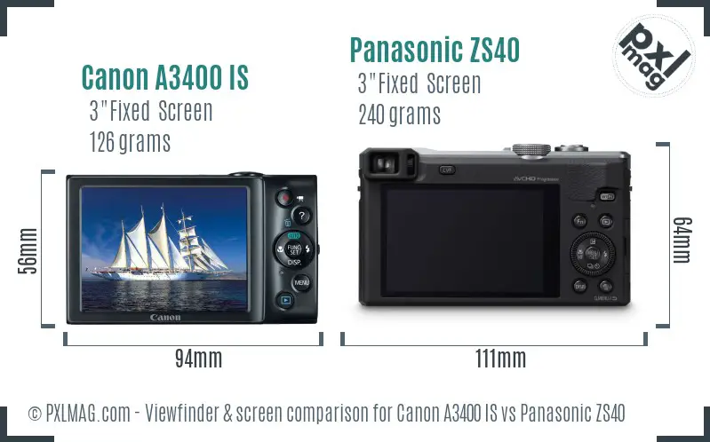 Canon A3400 IS vs Panasonic ZS40 Screen and Viewfinder comparison