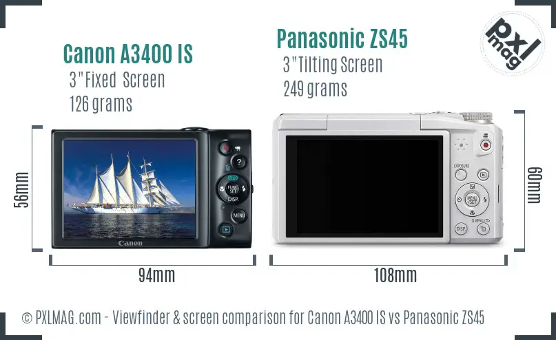 Canon A3400 IS vs Panasonic ZS45 Screen and Viewfinder comparison