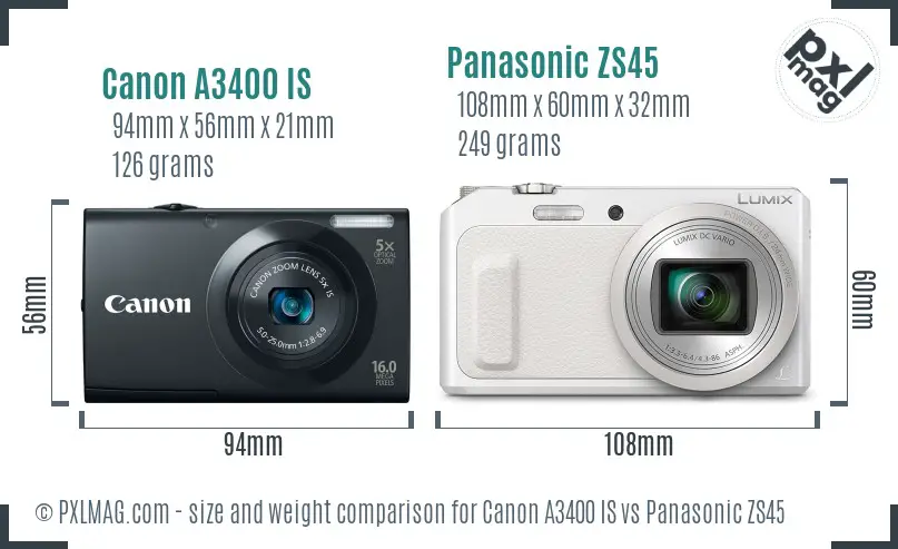 Canon A3400 IS vs Panasonic ZS45 size comparison