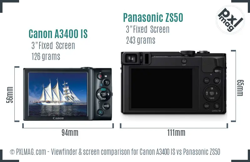Canon A3400 IS vs Panasonic ZS50 Screen and Viewfinder comparison