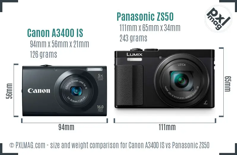 Canon A3400 IS vs Panasonic ZS50 size comparison