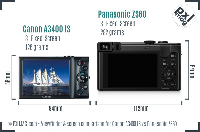 Canon A3400 IS vs Panasonic ZS60 Screen and Viewfinder comparison