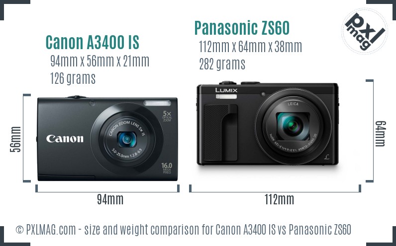 Canon A3400 IS vs Panasonic ZS60 size comparison Canon A3400 IS vs Panasonic ZS60 size comparison