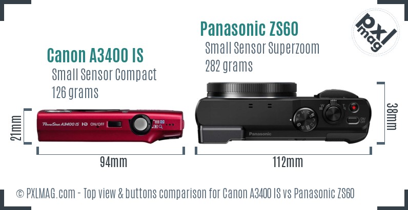 Canon A3400 IS vs Panasonic ZS60 top view buttons comparison