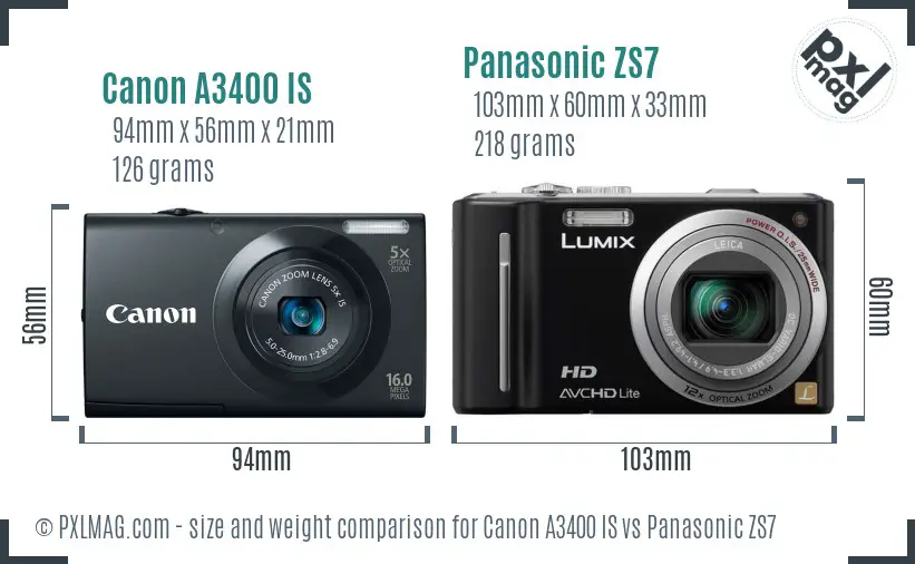 Canon A3400 IS vs Panasonic ZS7 size comparison