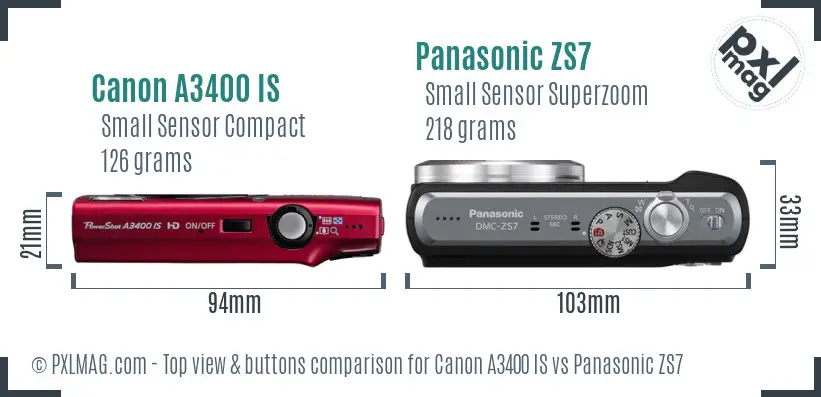 Canon A3400 IS vs Panasonic ZS7 top view buttons comparison