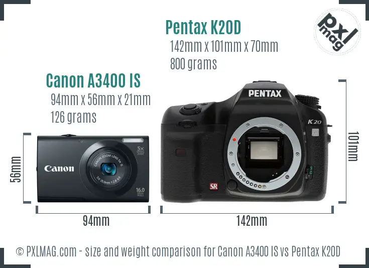 Canon A3400 IS vs Pentax K20D size comparison