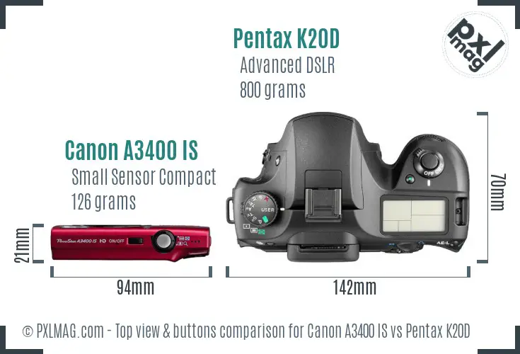 Canon A3400 IS vs Pentax K20D top view buttons comparison
